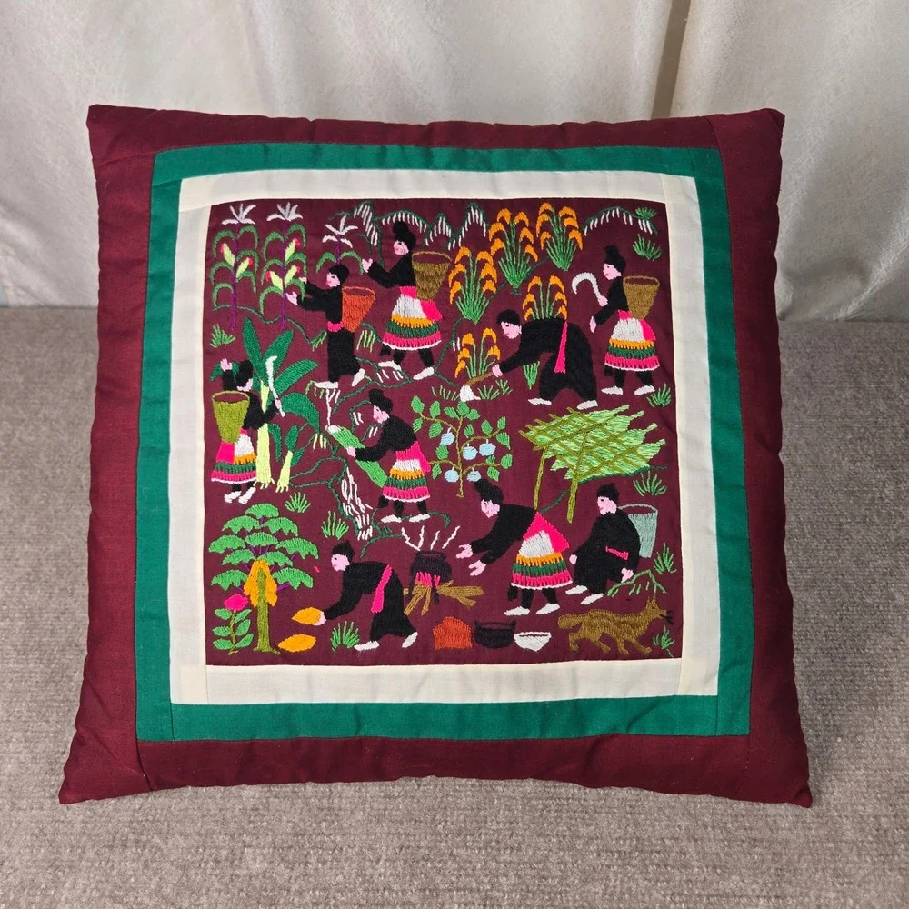 Vtg Hmong Story Cloth Embroidered Throw Pillow Burgundy Square Folk Art 16